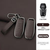 A brown leather car key case cover with a bracelet clasp and four buttons shown next to the original key.