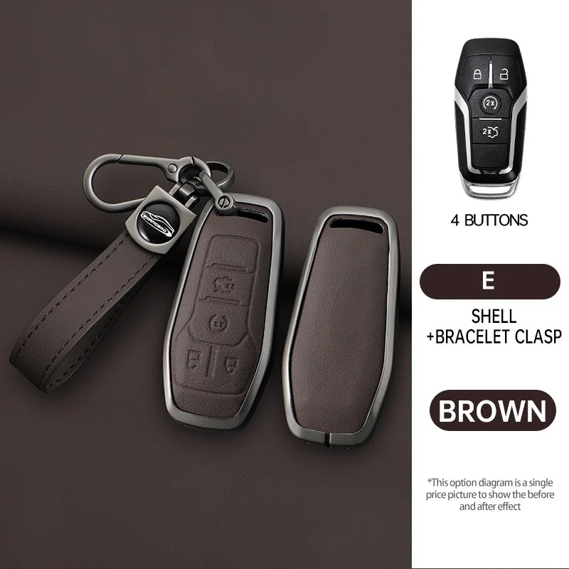 A brown leather car key case cover with a bracelet clasp and four buttons shown next to the original key.