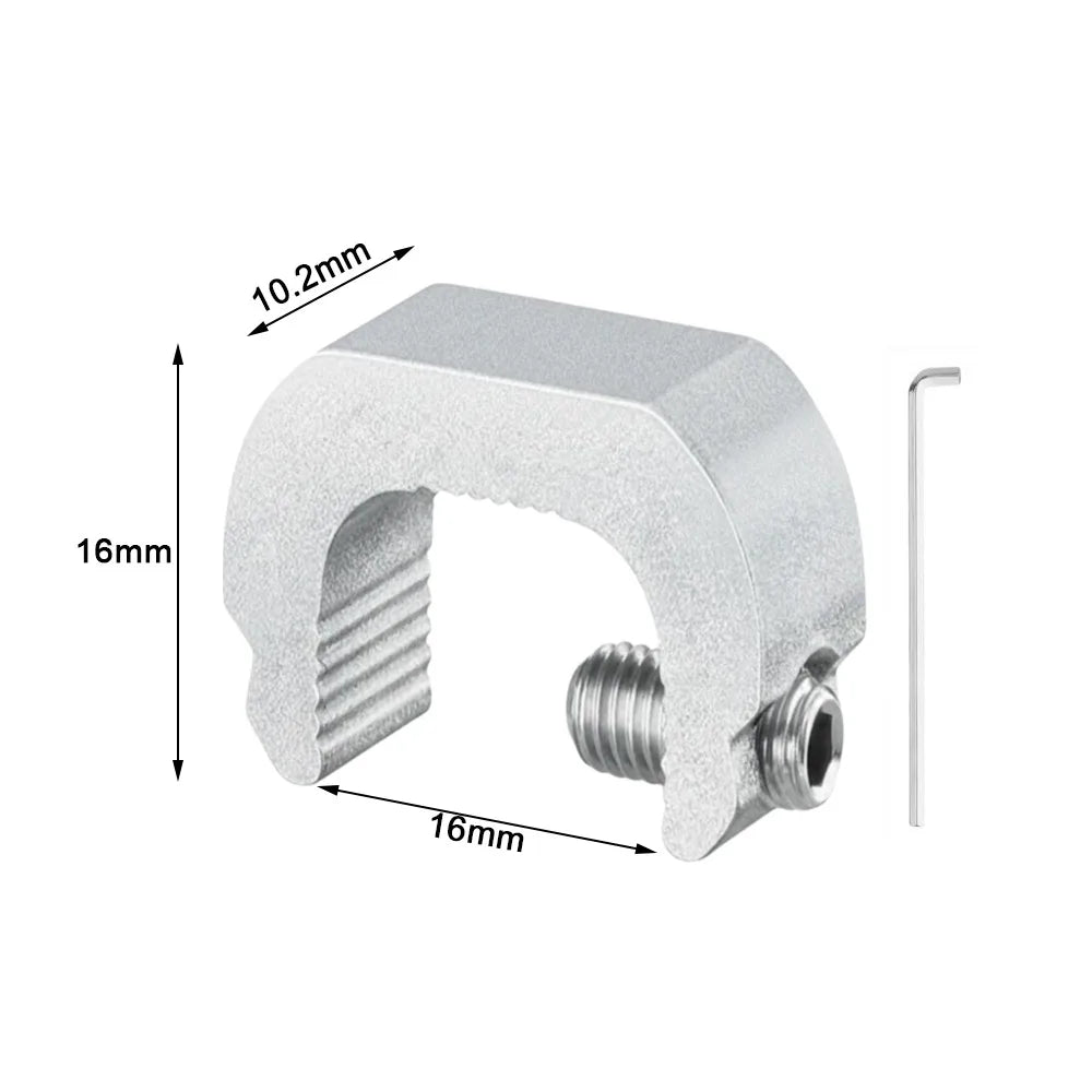 A gray aluminum sliding window lock stopper with dimensions 10.2mm thick and 16mm long.