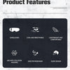 Product features list showing sunglasses, cool and breathable design, lightweight comfort, ABS anti-collision housing, rain s