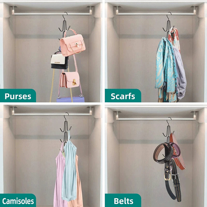 A set of organizers showing purses, scarves, camisoles, and belts hanging in a multi-compartment closet.