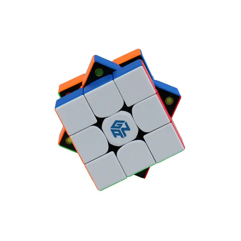 A white and blue GAN 3x3 magnetic speed cube puzzle with orange and black accents.
