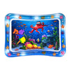 A blue inflatable baby water play mat filled with colorful floating toys and sea creatures.
