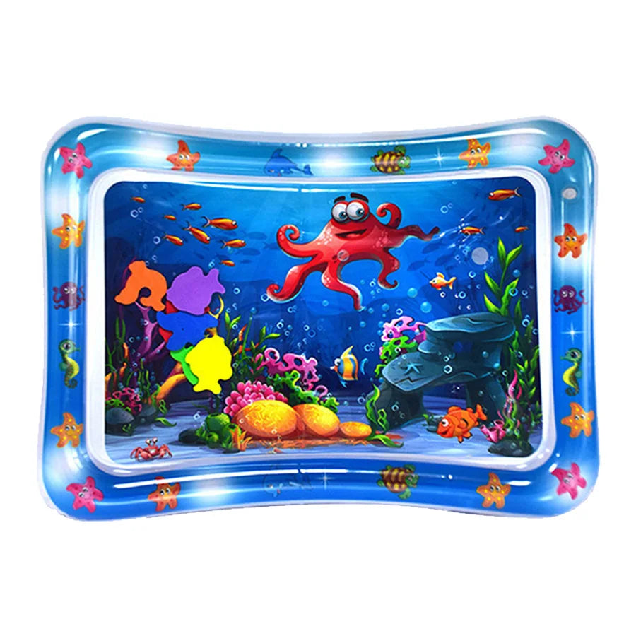 A blue inflatable baby water play mat filled with colorful floating toys and sea creatures.