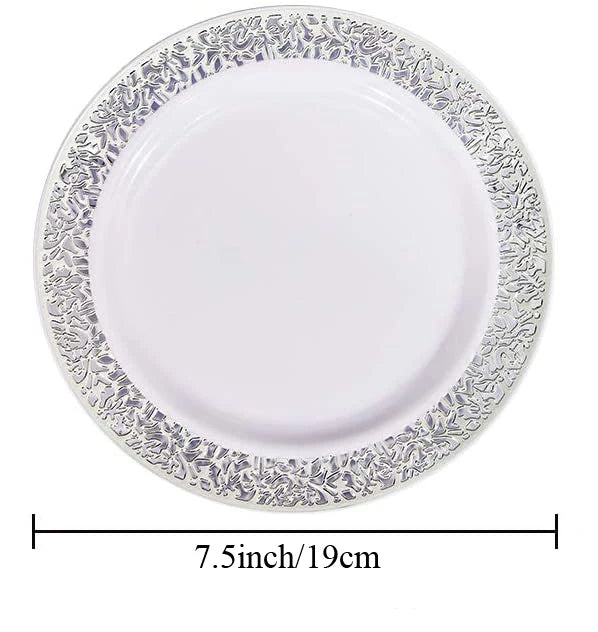 Elegant White Disposable Dinner Plates with Silver Lace Design