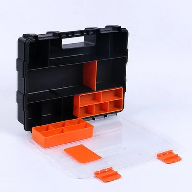 Black tool box organizer with orange compartments and accessory trays