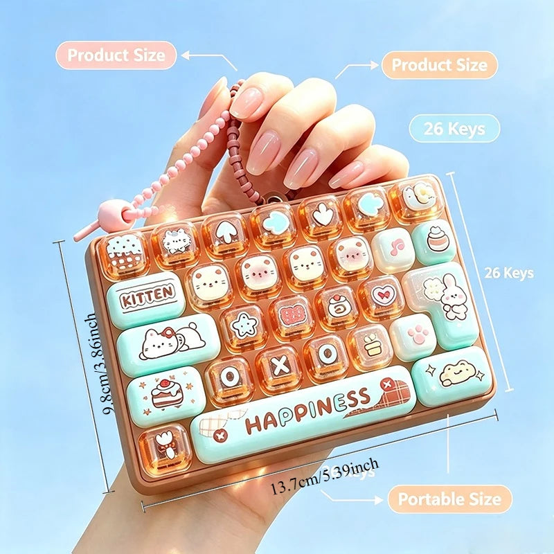 A hand holds a brown keycap fidget keychain featuring various cartoon-themed keys and a happiness design.