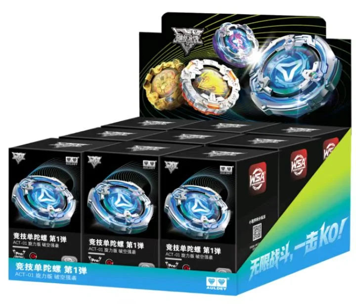 A box of AULDEY Infinity Nado Spin Force Battle Top with Launcher featuring multiple blue and gold spinning tops.