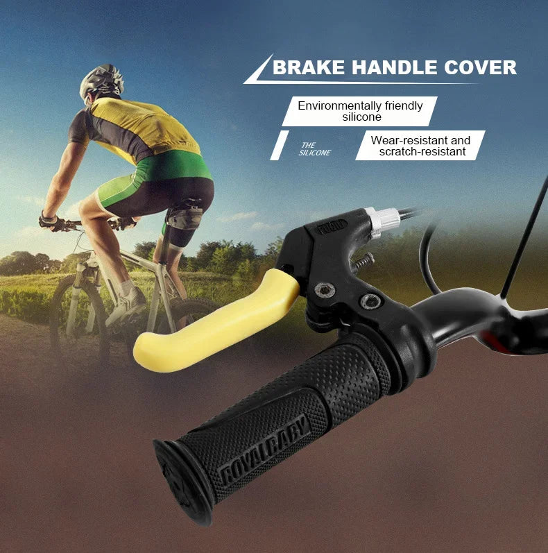 Close-up of a black bicycle brake lever with a yellow silicone cover, shown next to a cyclist.