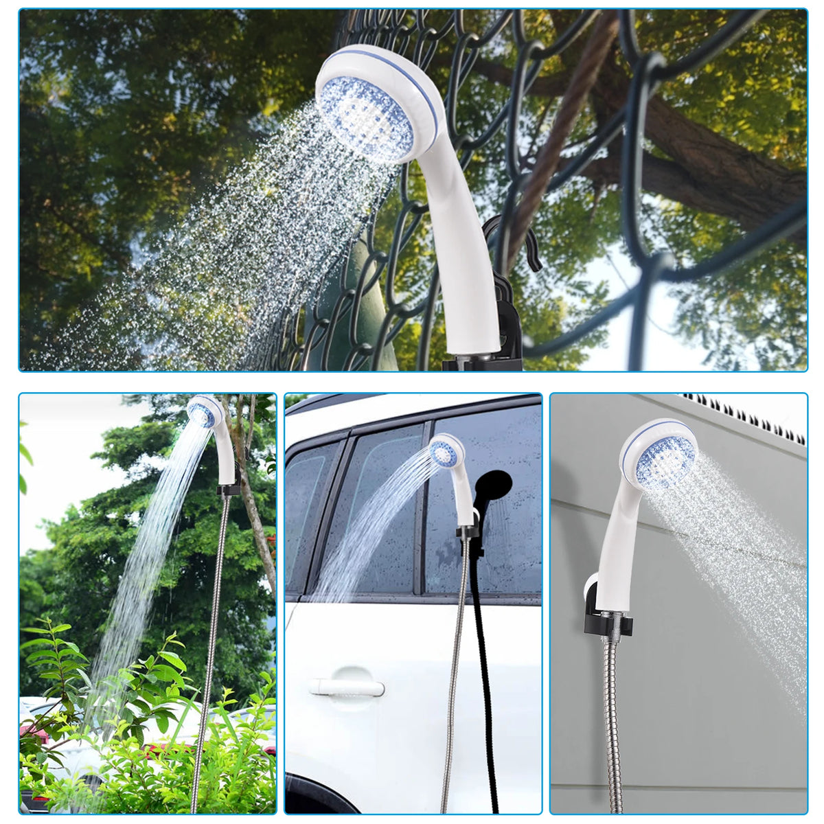 A portable rechargeable camping shower pump spraying water onto a car surface.