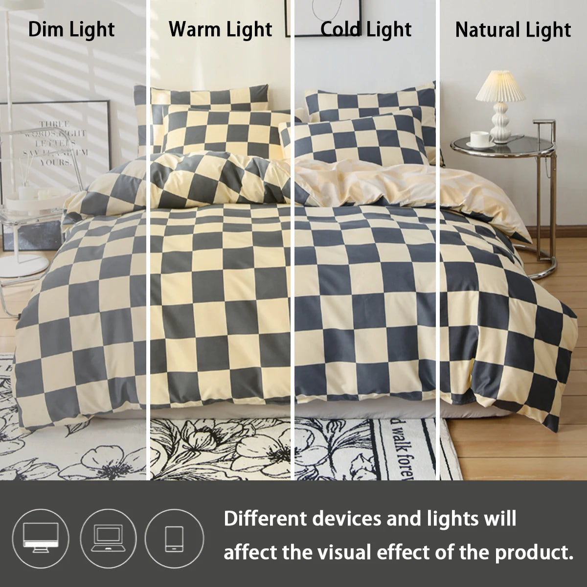 A checkered print bedding set featuring a duvet cover and pillowcases shown under dim, warm, cold, and natural light.