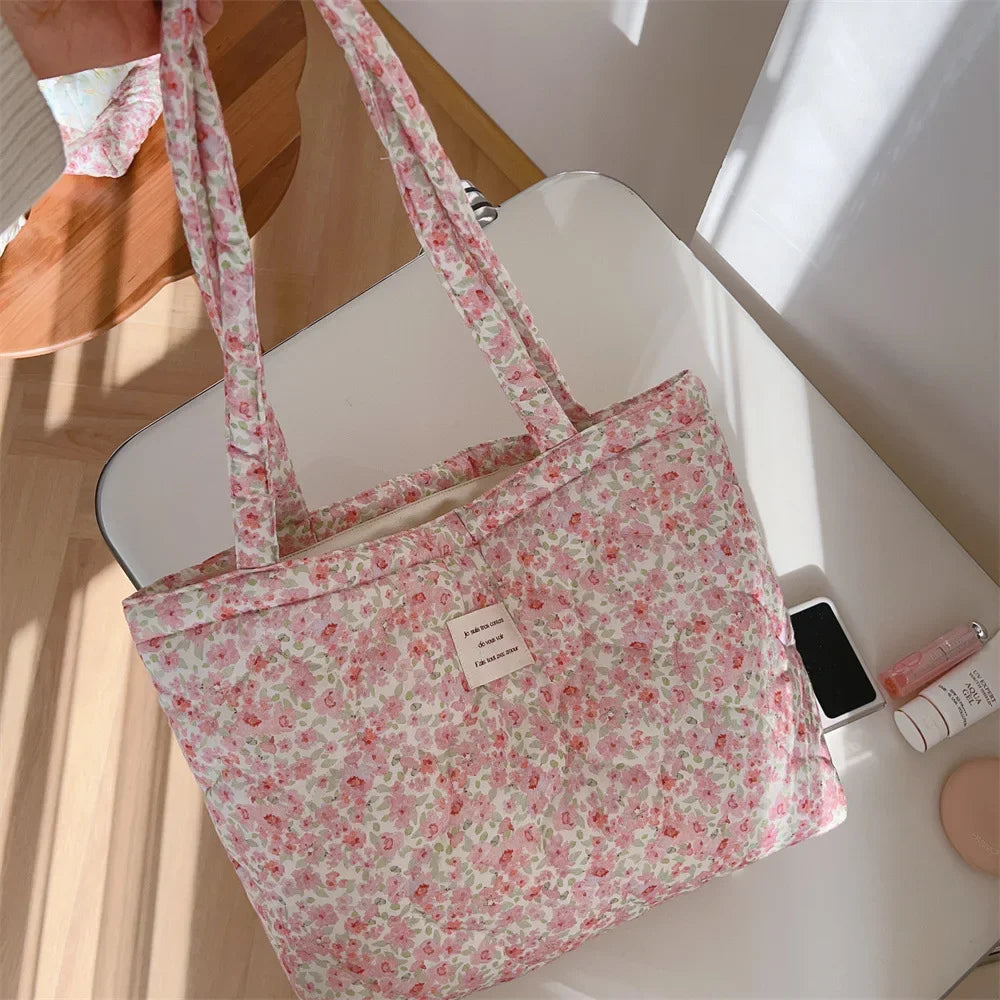 Quilted Floral Cotton Tote Bag with Padded Handle