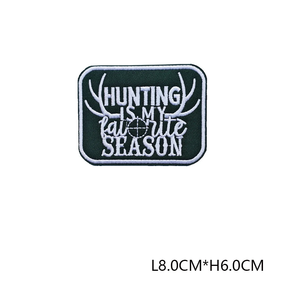 Black embroidered hunting patch with silver antlers and text Hunting is my favorite season