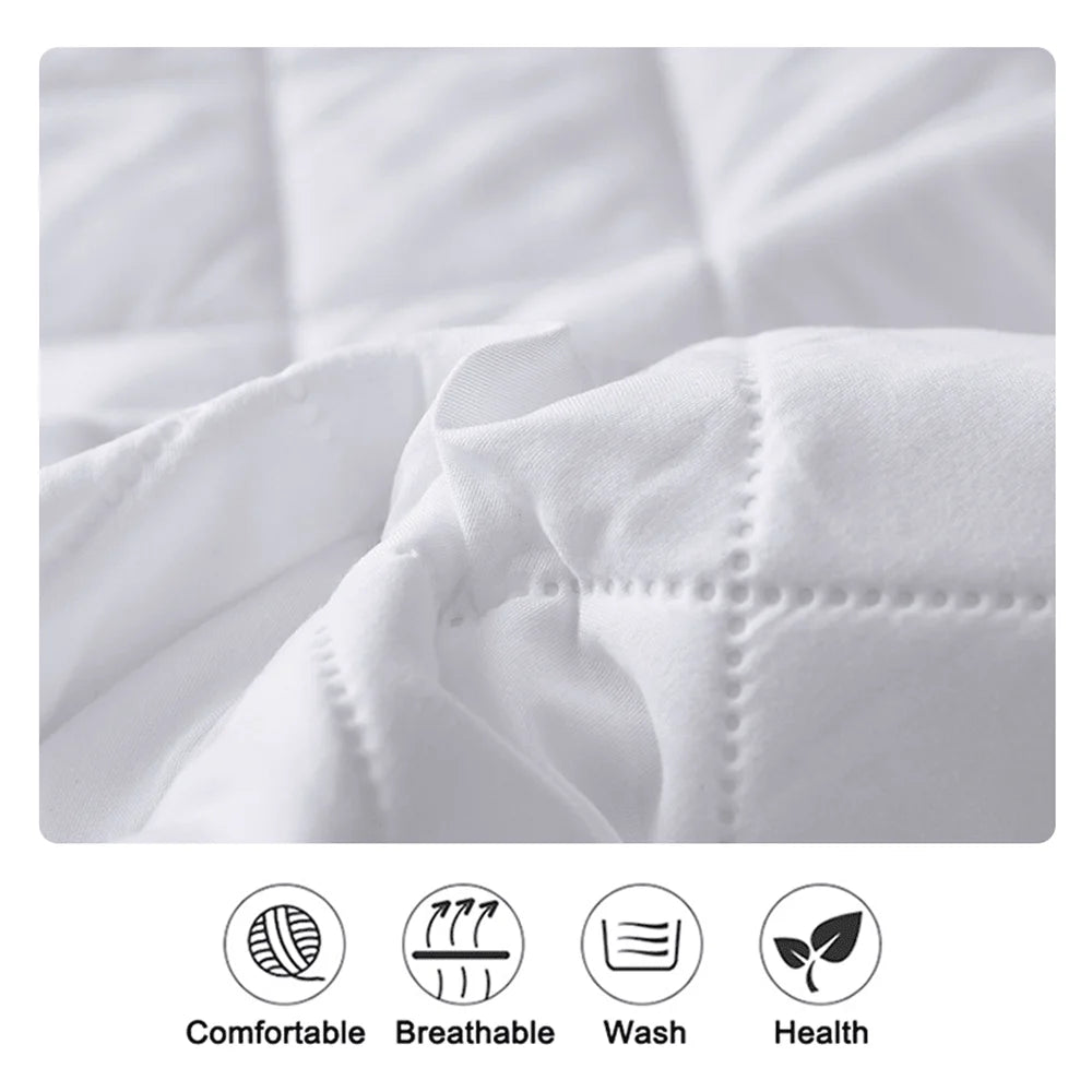 Close-up of a white fitted mattress protector showing quilted texture and features labeled as comfortable, breathable, washab