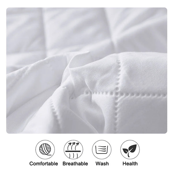 Close-up of a white fitted mattress protector showing quilted texture and features labeled as comfortable, breathable, washab