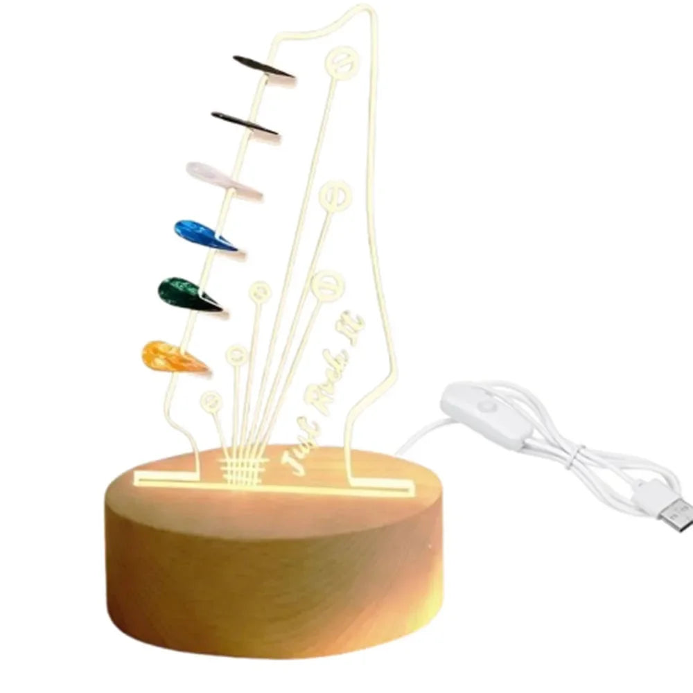 Illuminated acrylic guitar pick holder with a clear stand and wooden base