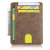 A brown leather wallet with a slot, holding several cards and an ID card.