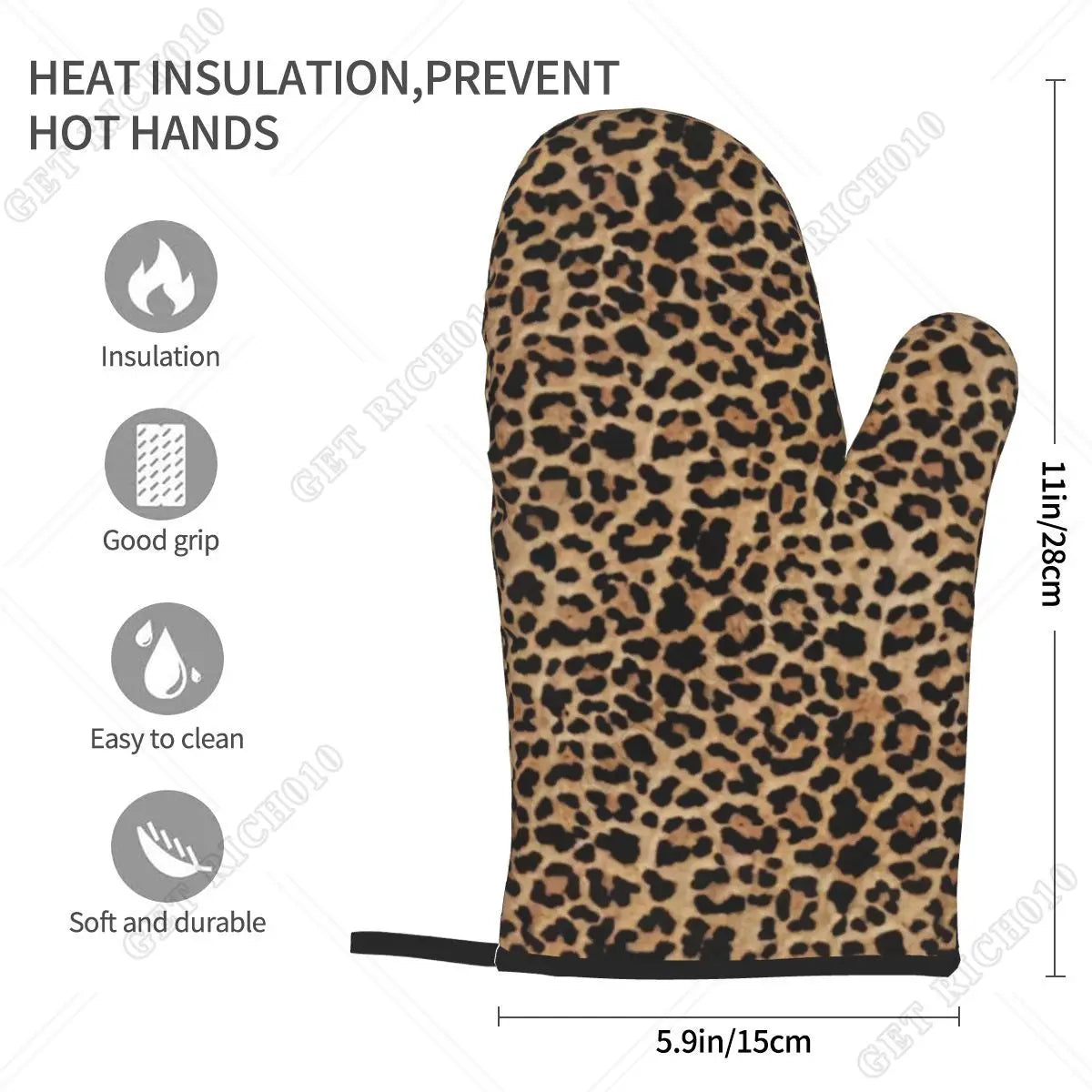 A pair of leopard print oven gloves designed for heat insulation and protection.