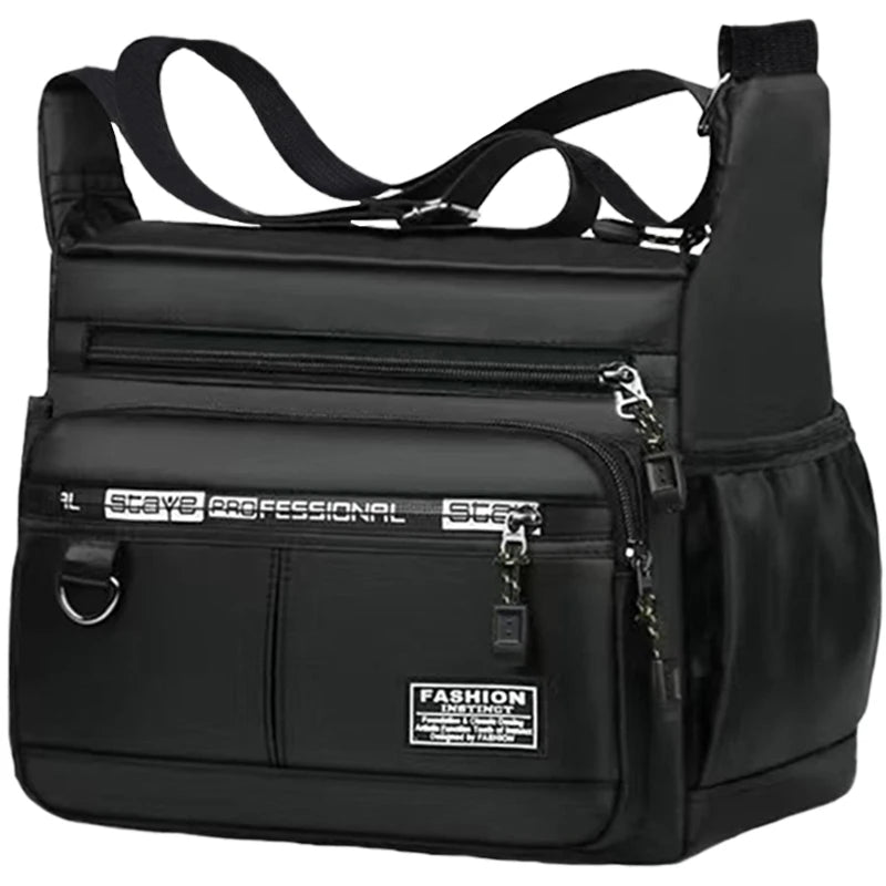 Schwarze Herren-Crossbody-Tasche mit organisiertem Stauraum und mehreren Reißverschlusstaschen