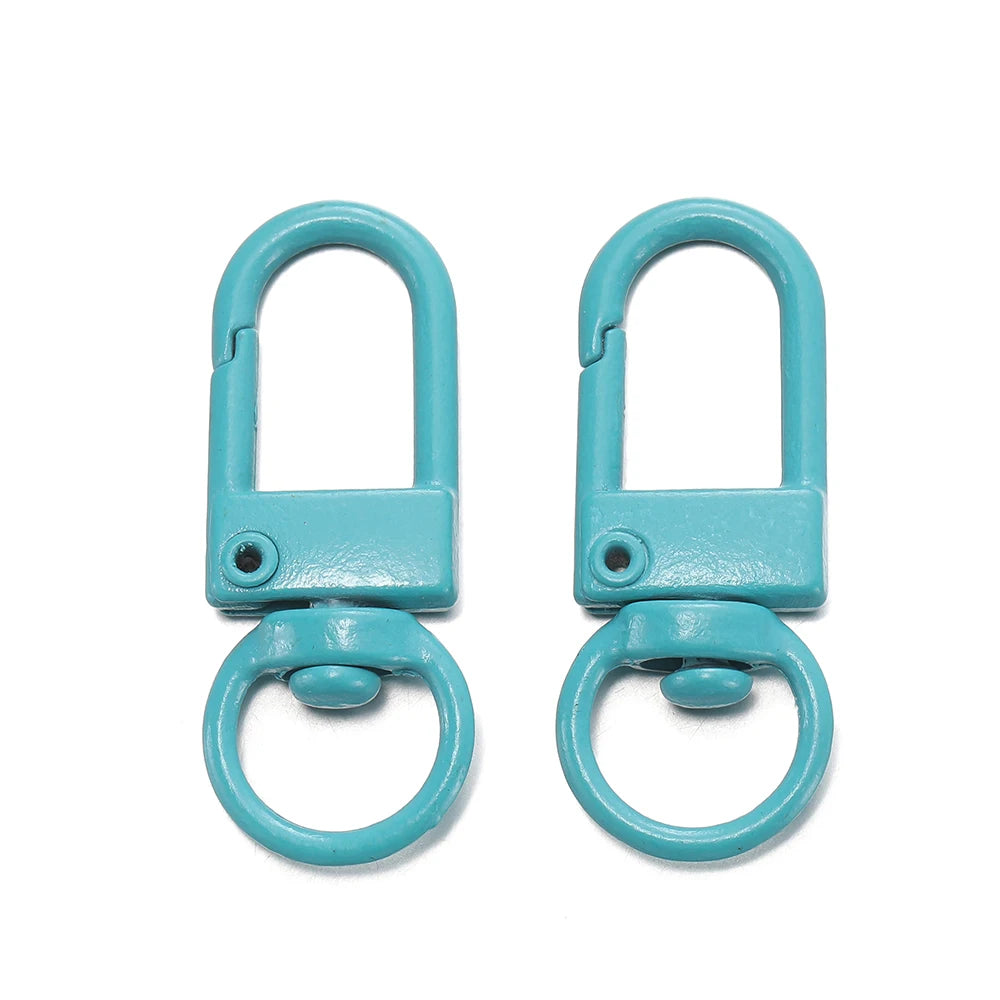 A pair of teal alloy lobster clasp hooks for DIY jewelry making.