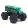 A green die-cast metal school bus pull-back toy with purple graffiti details.