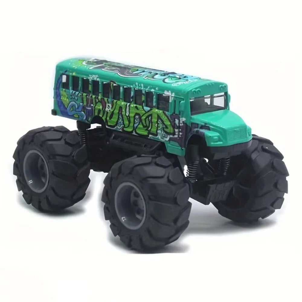 A green die-cast metal school bus pull-back toy with purple graffiti details.