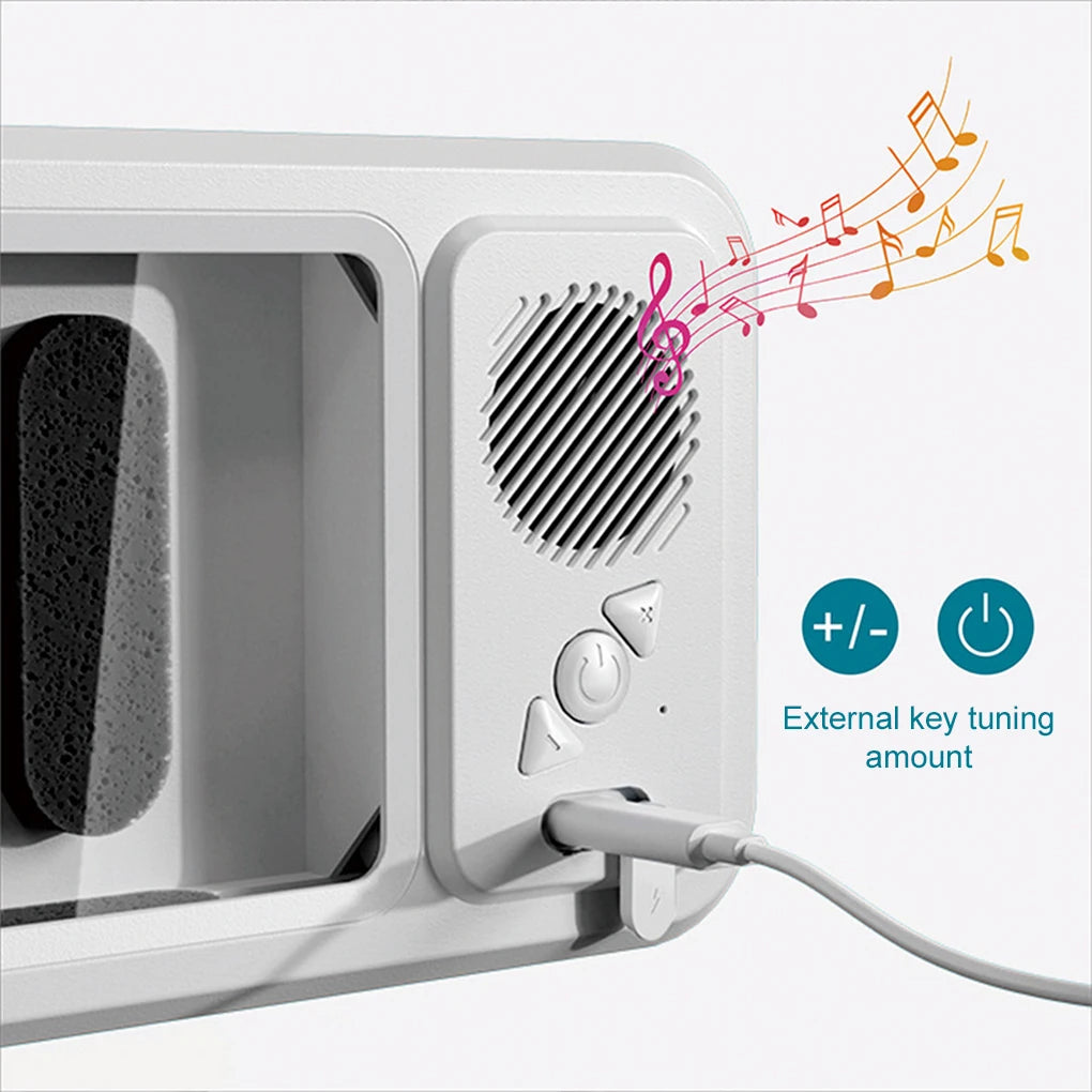 A white waterproof shower phone holder with a speaker and tuning controls is shown, with musical notes emanating from the dev
