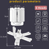 White adjustable LED garage light bulb with six heads and various features shown in dimension drawings.