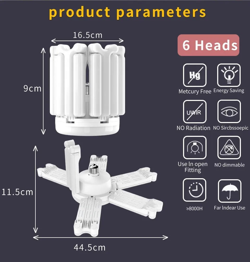 White adjustable LED garage light bulb with six heads and various features shown in dimension drawings.