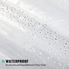 Close-up of a clear shower curtain liner with magnets showing water beading on a surface.