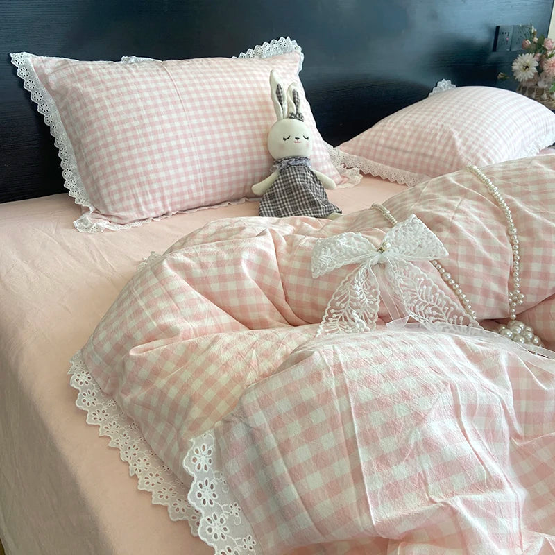 Lace Trim Plaid Duvet Cover Set with Pillowcases