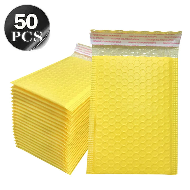 A stack of 50 clear yellow opaque bubble mailers with self-sealing adhesive.
