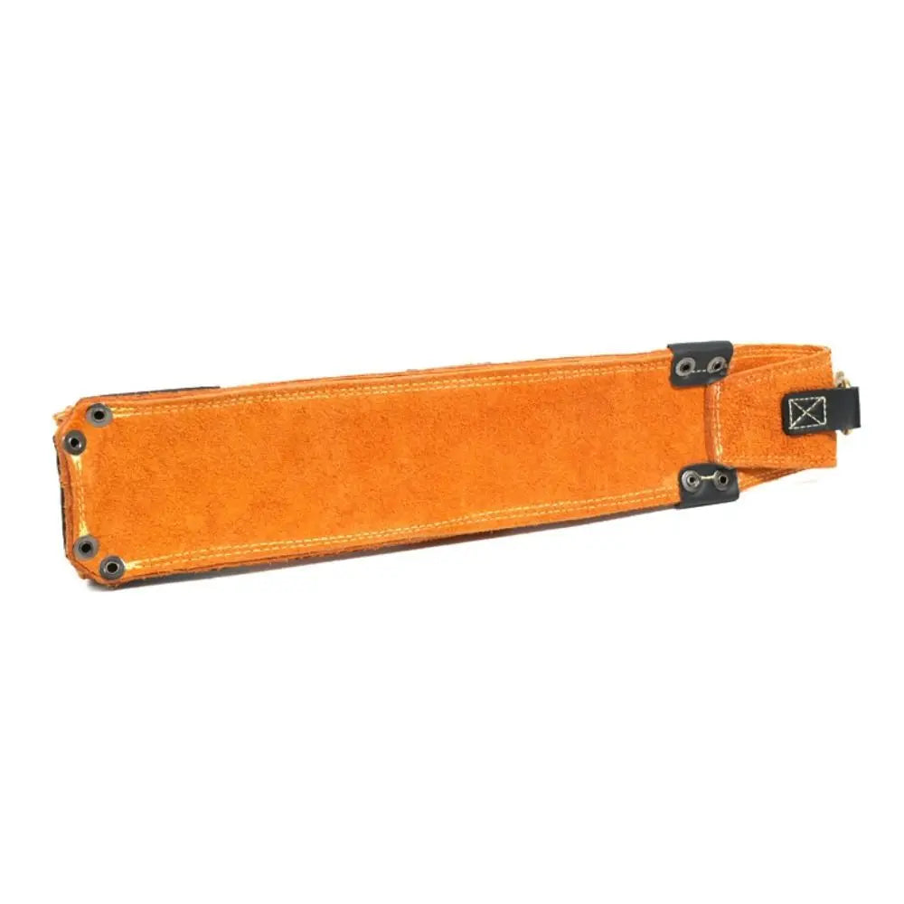 Orange heavy-duty cowhide welding rod storage bag with a hanging hook.