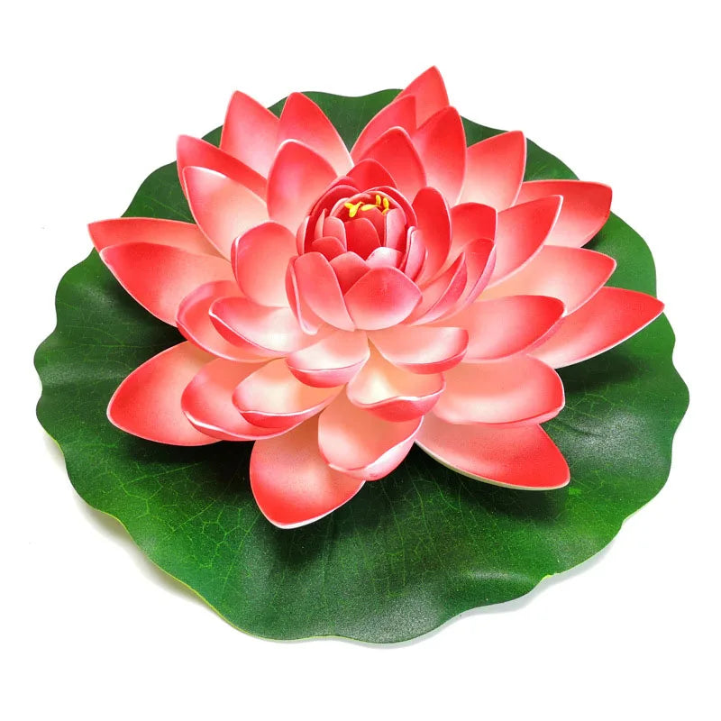 A vibrant pink lotus flower with green leaves floating on water.
