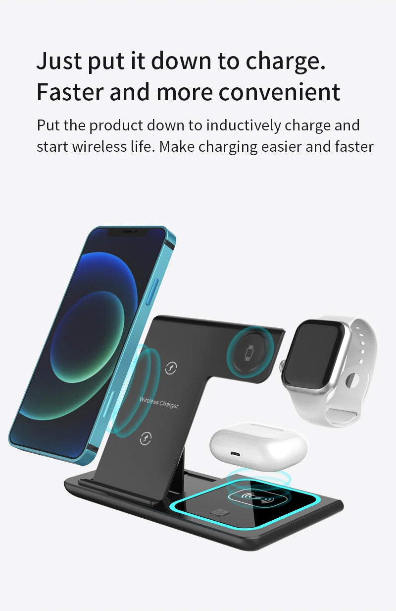 A black foldable wireless charging station is shown with a smartphone, Apple Watch, and AirPods placed on it for inductive ch