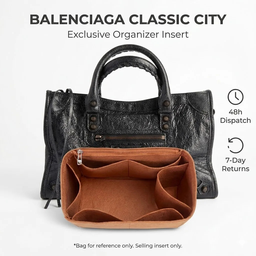 Black Balenciaga Classic City organizer insert featuring a brown felt bag with a zippered pocket.