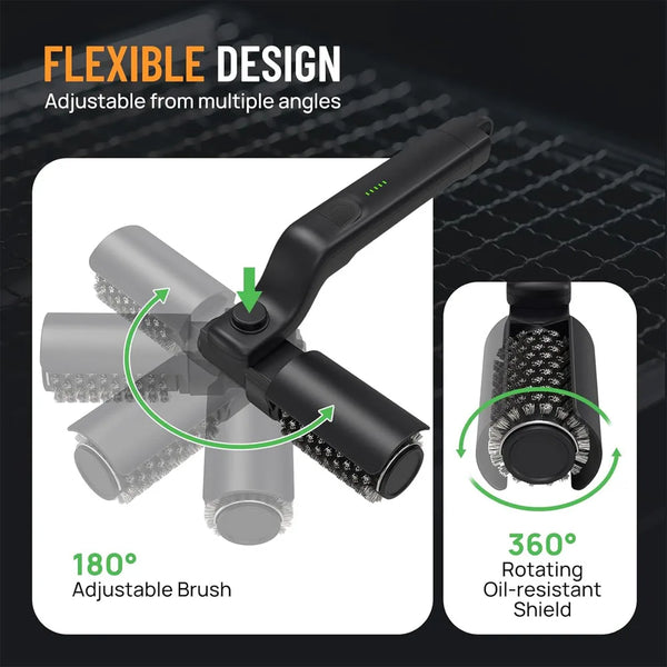 Flexible black electric grill brush with an adjustable head and 360 degree rotating shield