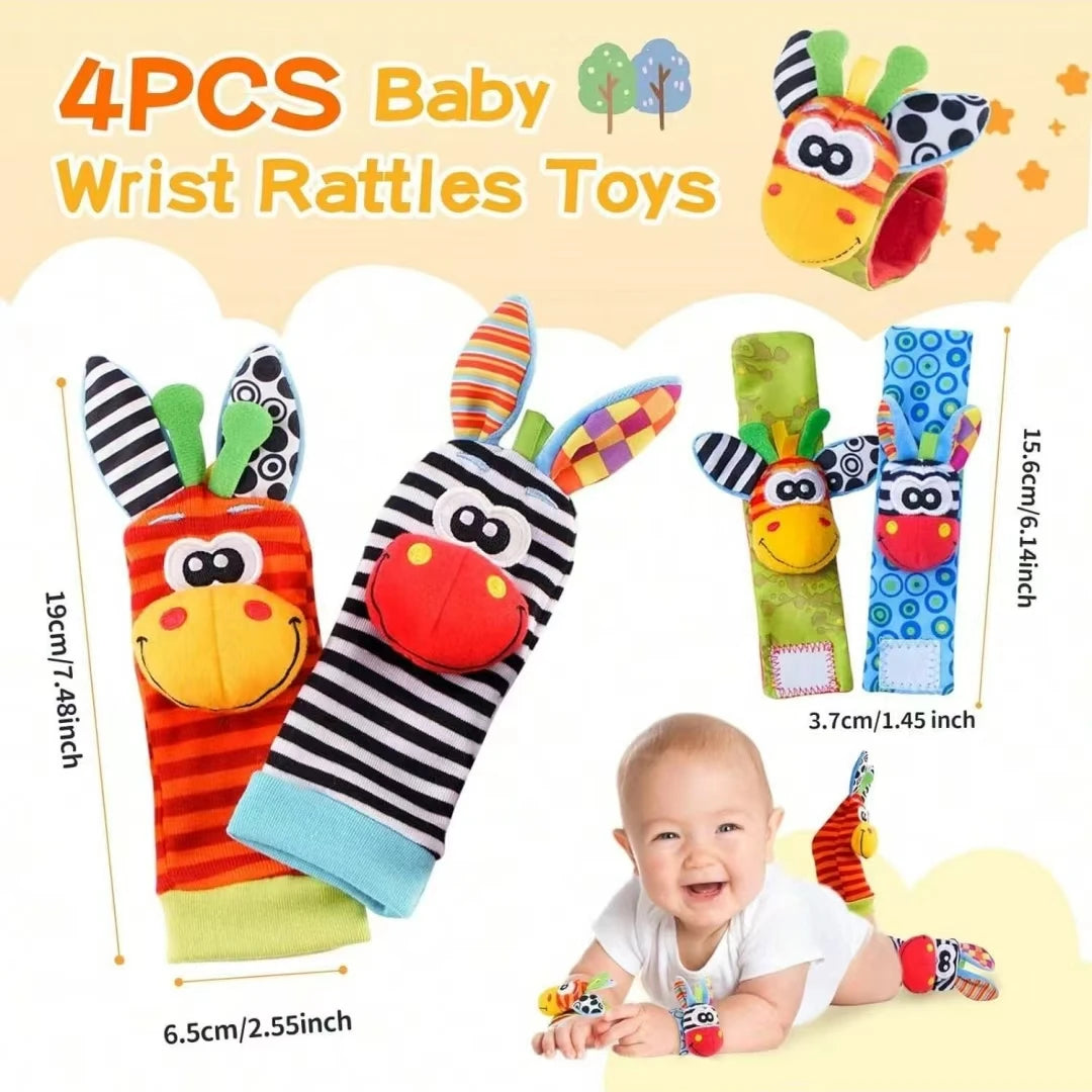 A set of four baby wrist rattle socks toys featuring various animal shapes and colors for teething.