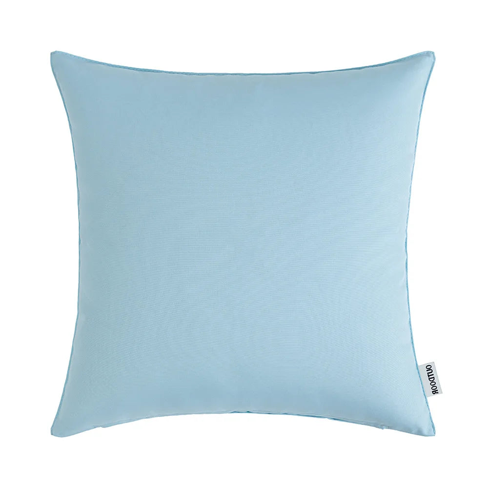 Light blue linen-textured cushion covers for outdoor pillows