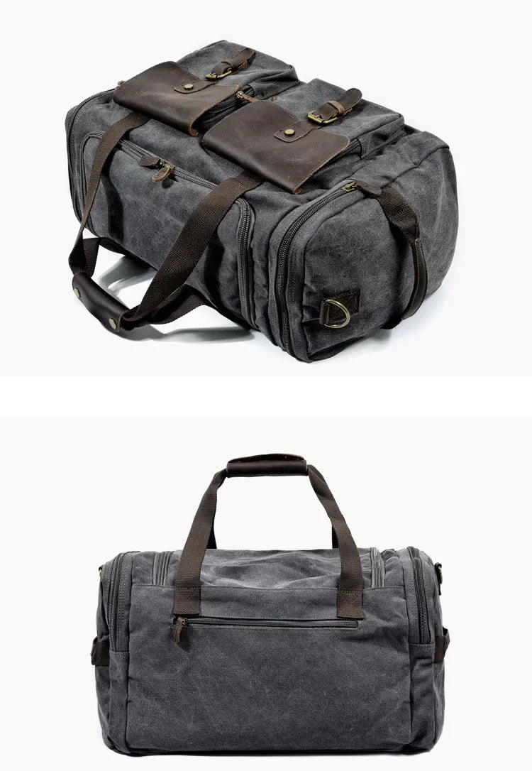 A dark gray canvas duffel bag with brown leather trim and pockets shown from above.
