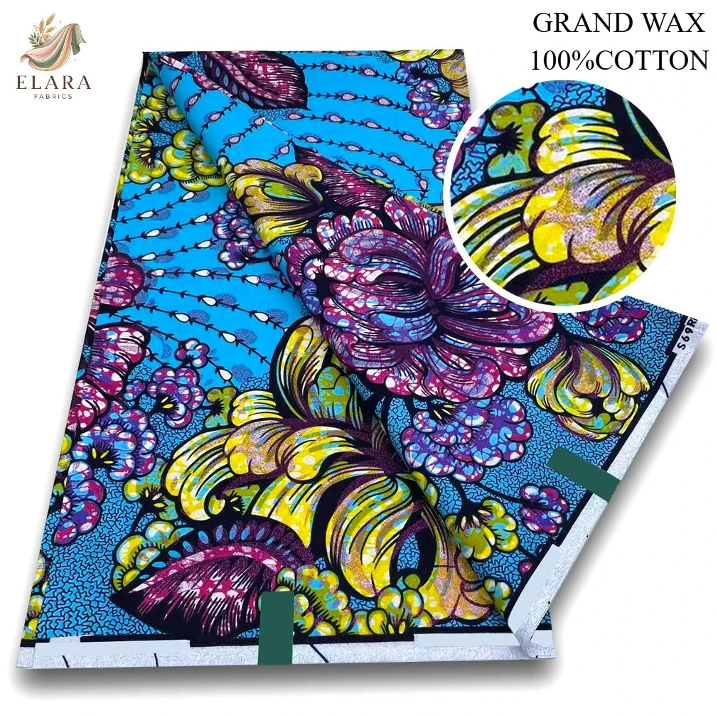A vibrant blue fabric featuring a floral pattern with purple, yellow, and green accents.
