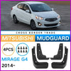 Set of four black mud guards for a Mitsubishi Mirage G4 model year 2014 and newer.