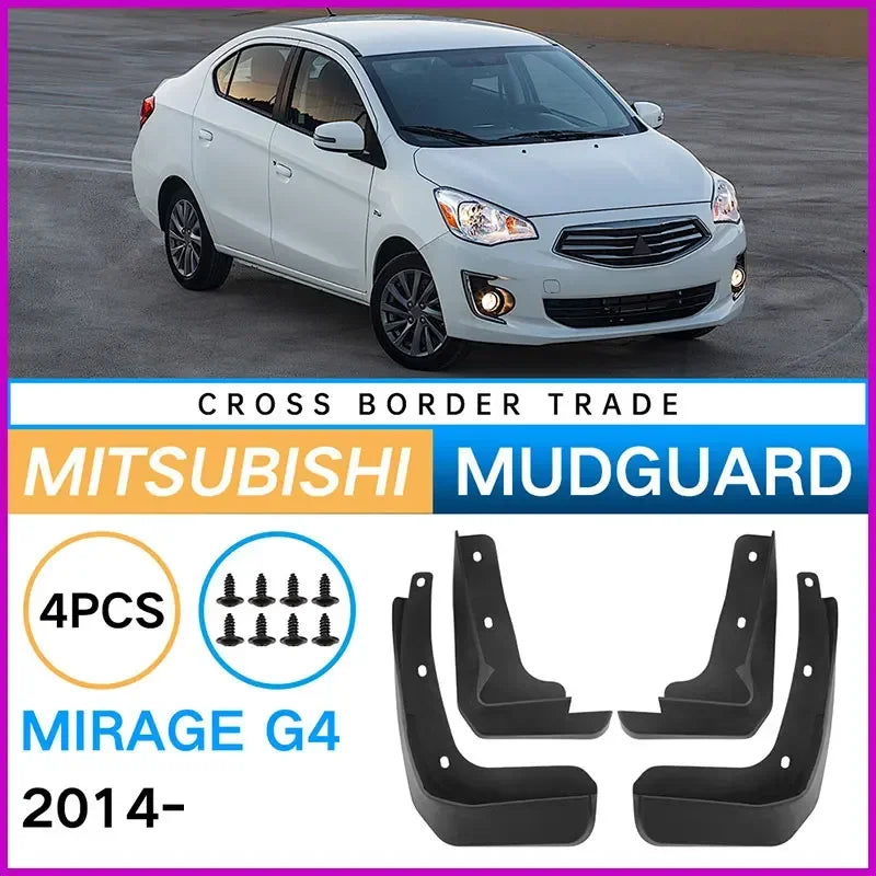 Set of four black mud guards for a Mitsubishi Mirage G4 model year 2014 and newer.