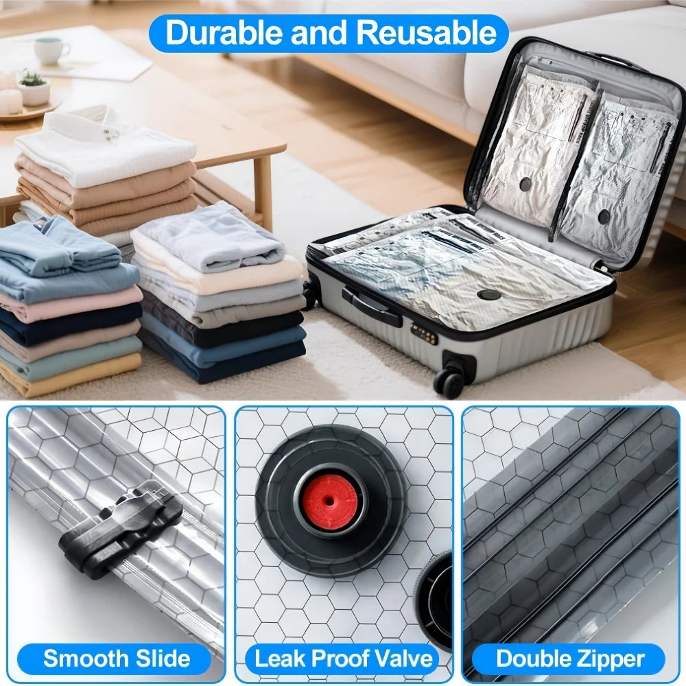 Portable vacuum storage bags with a pump showing smooth slide, leak proof valve, and double zipper features.