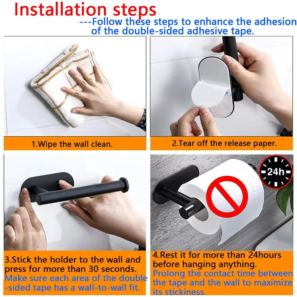 Installation steps showing how to use double-sided adhesive tape for mounting a bathroom accessory.