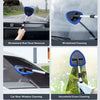 Various images showing an extendable windshield cleaner being used for car and household glass cleaning.