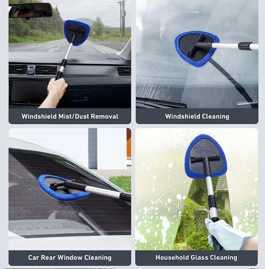 Various images showing an extendable windshield cleaner being used for car and household glass cleaning.