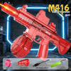 A red M416 electric water gun is shown with accessories like a large water reservoir, rear battery compartment, and USB charg