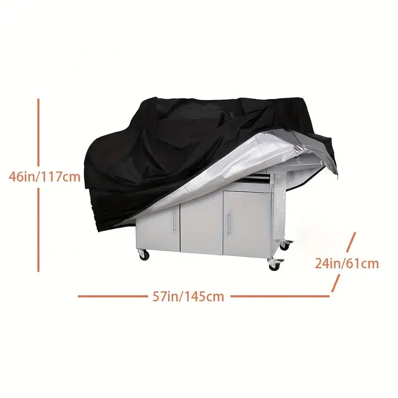 A heavy duty waterproof grill cover in black and silver is shown with dimensions 46in x 57in.