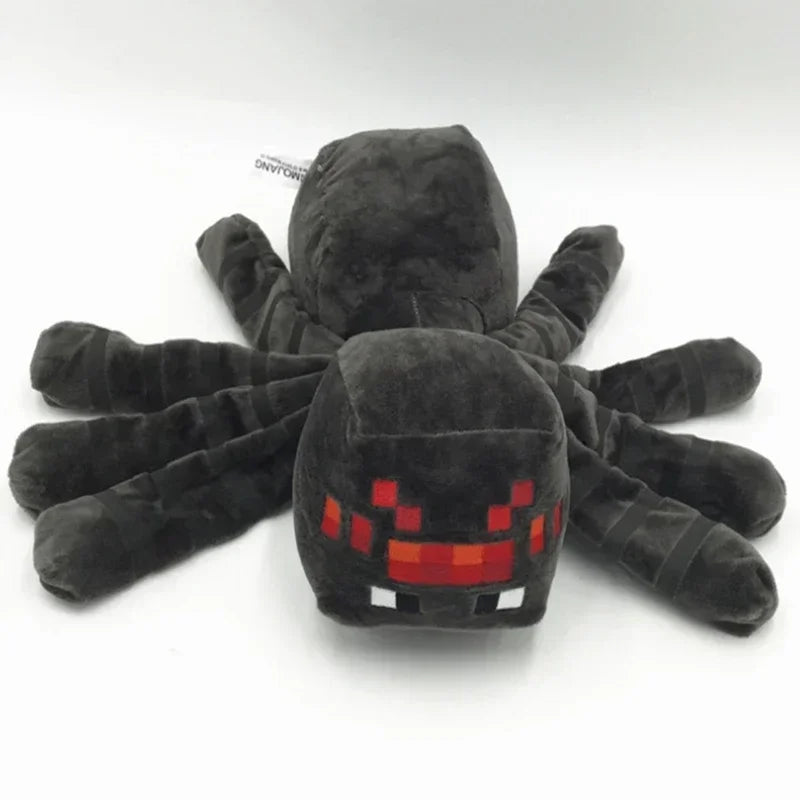 A black soft plush doll resembling a Minecraft Creeper with glowing red eyes.